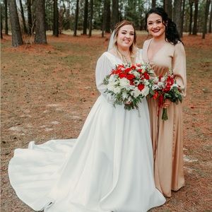 Baltic Born Champagne Satin Long Sleeve Double Slit Maxi Bridesmaid Dress